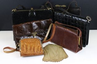 Collection of vintage 20th Century handbags to include crocodile skin examples, a yellow metal