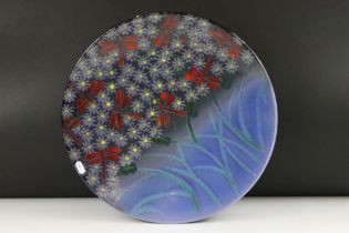 Large Anita Harris large hand painted ceramic charger featuring dragonflies and purple flowers.