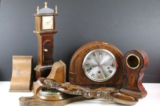 Mixed Treen including Miniature Grandfather Clock, Oak Bookends, Westminster Chime Mantle Clock, etc