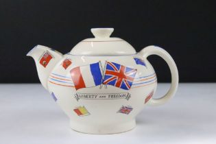 Crown Ducal WWII second world war commemorative teapot. The teapot decorated with flags and a