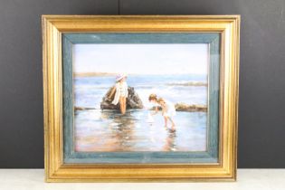 Framed Impressionist Oil Painting of Children at the Seaside playing with toy sailboat, 31 x 39.5cm