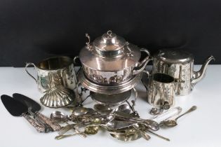 Collection of mostly 19th Century silver plated items to include a three piece tea service, spirit