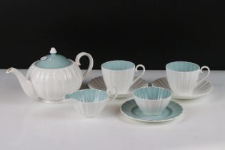 Susie Cooper tea set for two, in two tone pale blue & white colourway, with fluted design, to