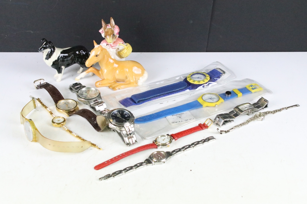 A small collection of ladies and gents wristwatches together with three Beswick figurines.