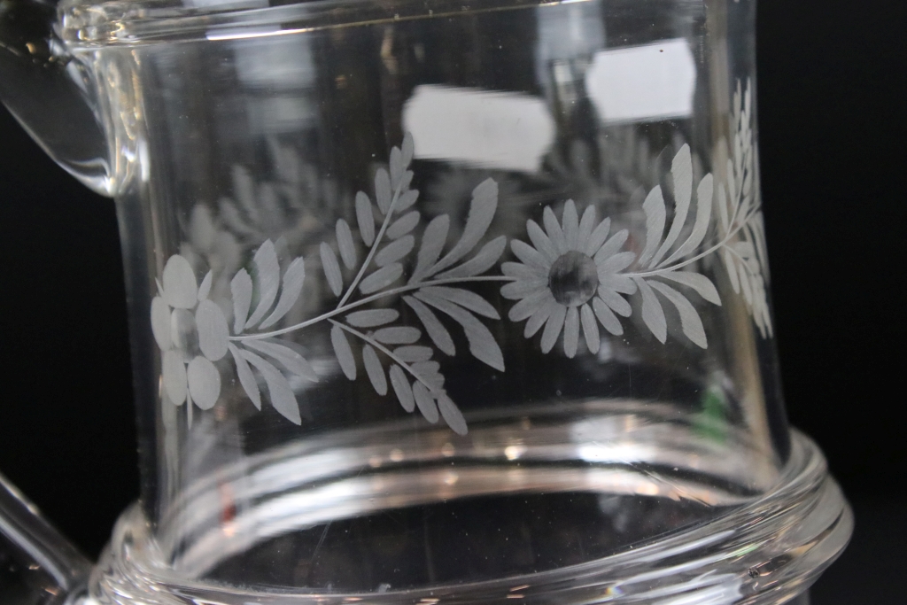 Late Georgian glass tankard of two tier construction having etched floral, grape vine and wheat - Image 2 of 5