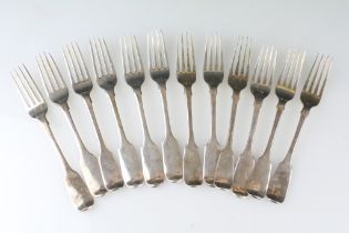 Twelve Victorian silver hallmarked fiddle pattern forks. London date marks for 1839 - 1844, most