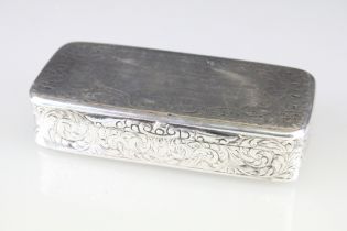 Mid 18th century silver snuff box, engraved foliate scroll decoration to the hinged lid and body,