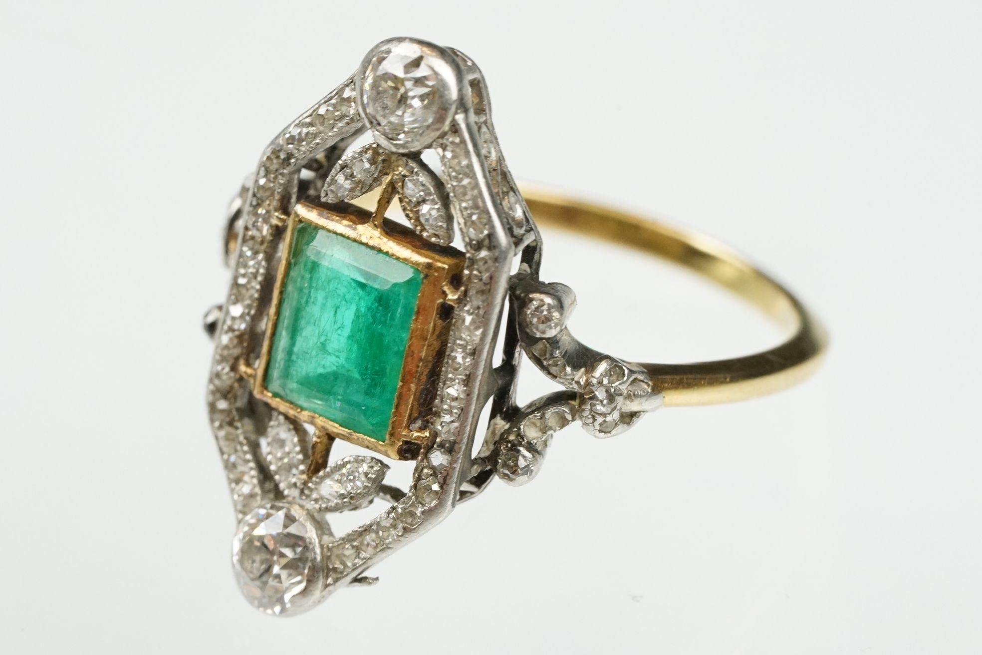 Art Deco emerald and diamond unmarked yellow gold and platinum ring, the square step cut emerald - Image 2 of 14