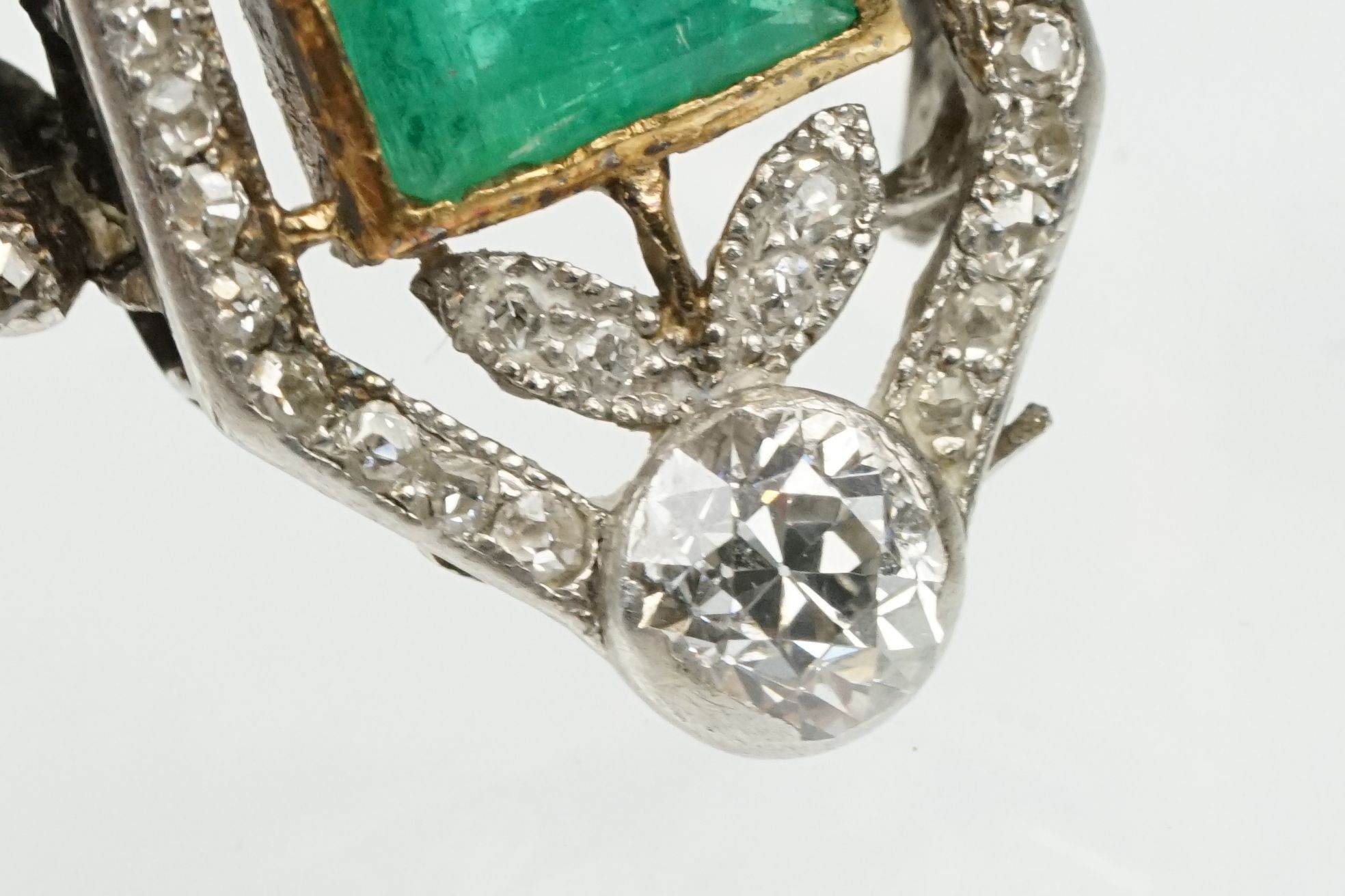Art Deco emerald and diamond unmarked yellow gold and platinum ring, the square step cut emerald - Image 11 of 14