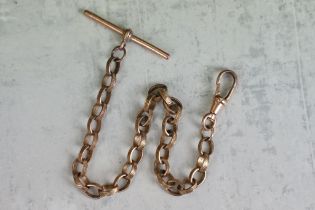 9ct rose gold watch chain, textured belcher links, t bar and dog clip, the two conjoining links