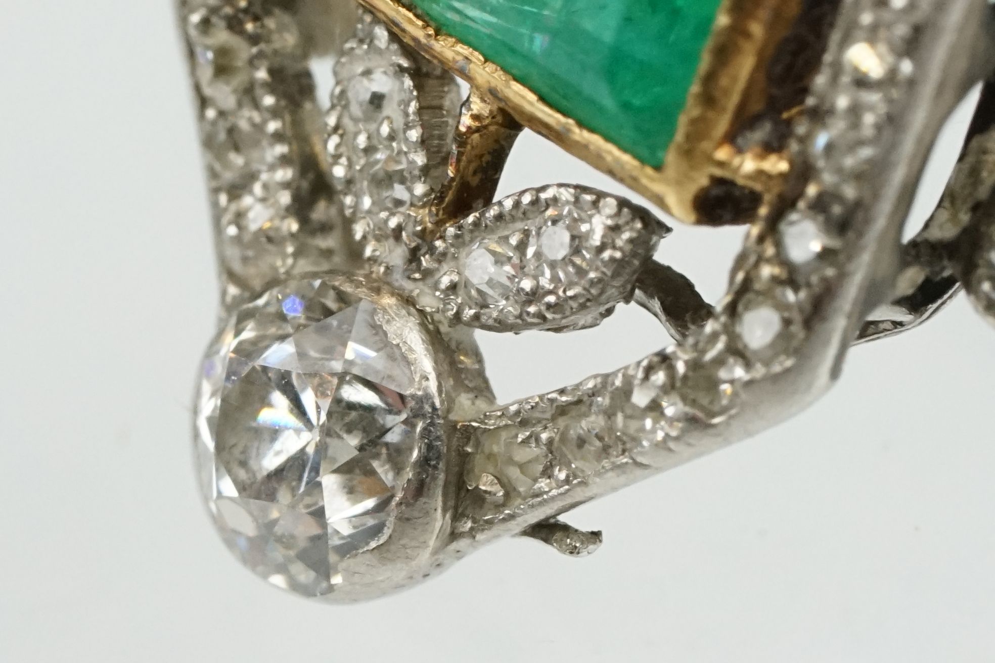 Art Deco emerald and diamond unmarked yellow gold and platinum ring, the square step cut emerald - Image 10 of 14