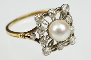 Early 20th century pearl and diamond yellow and white metal set ring, the cream-white pearl with