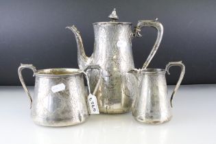 Mid Victorian silver three piece coffee service comprising coffee pot, milk jug and sugar bowl,