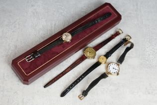 Camy 9ct gold cased ladies wristwatch; two gold plated wristwatches and another ladies wristwatch (