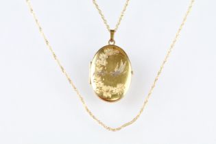 9ct yellow gold oval locket pendant necklace; together with a 9ct yellow gold helix link chain