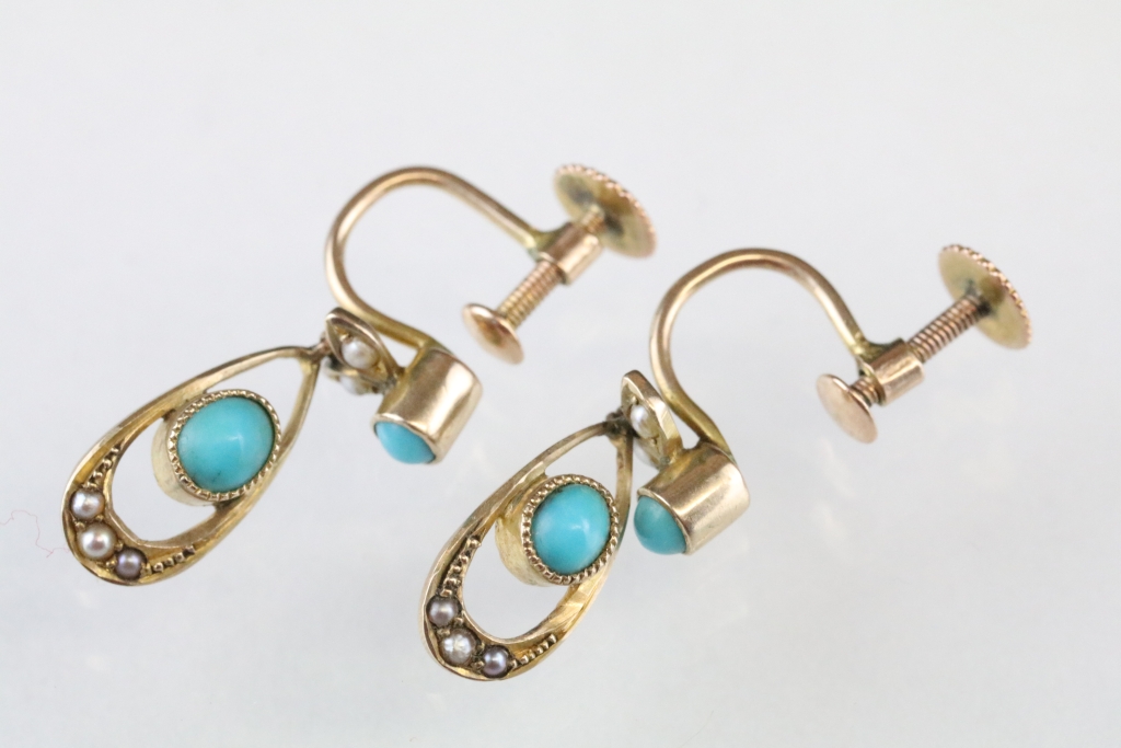 Pair of early 20th century turquoise and seed pearl drop earrings, oval cabochon cut turquoise to - Image 3 of 6
