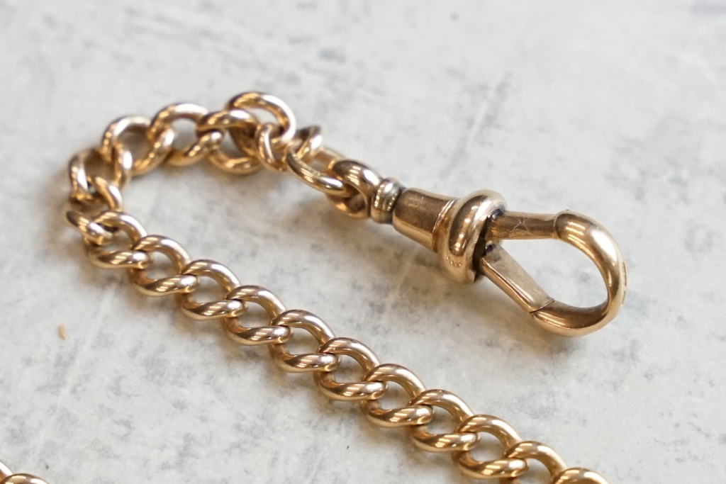 15ct rose gold curb link watch chain with t bar , each link hallmarked, dog clip, and two bolt - Image 2 of 4