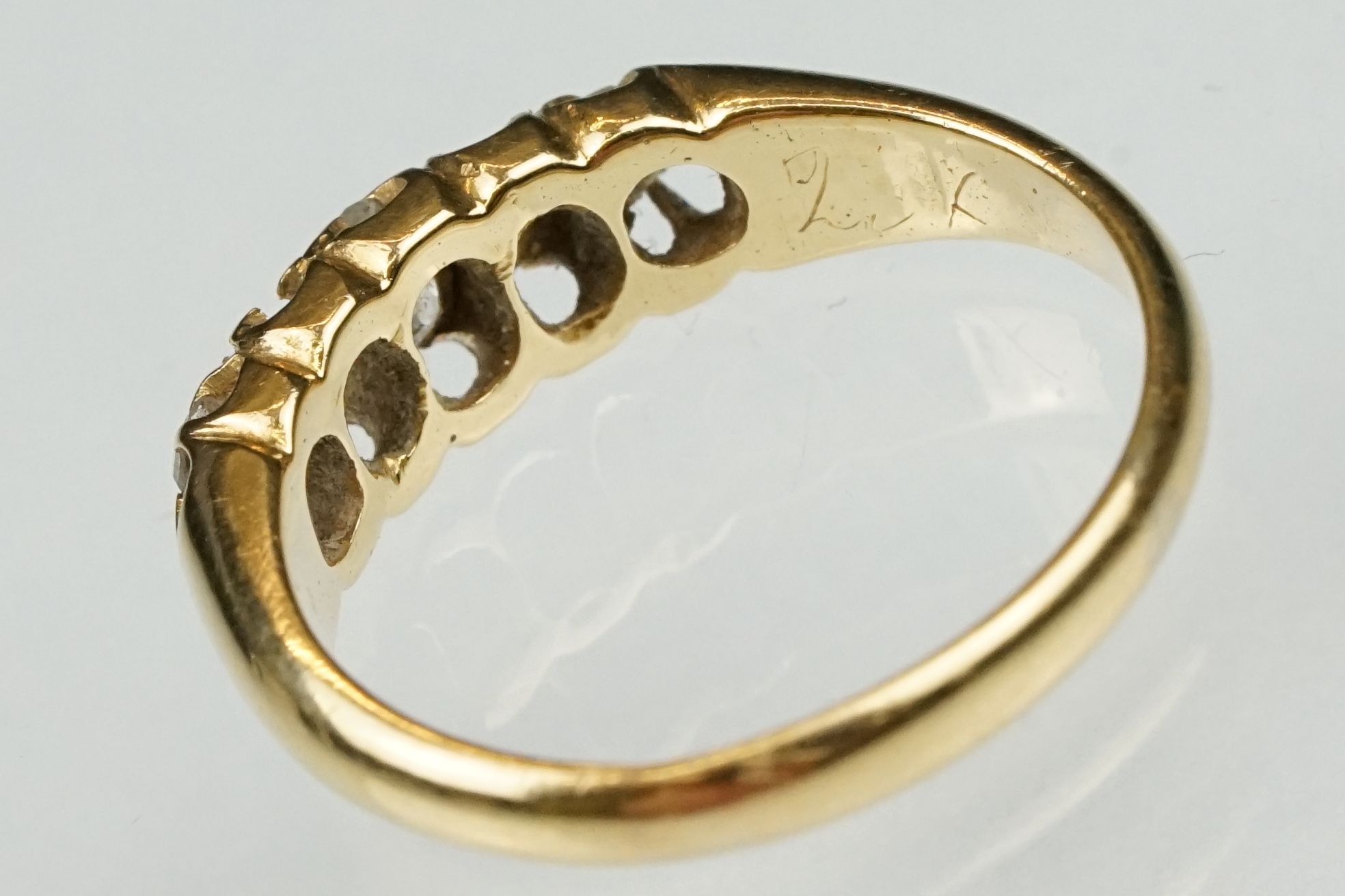 Victorian diamond and pearl yellow gold ring. three old cut diamonds, single seed pearl, one - Image 5 of 8