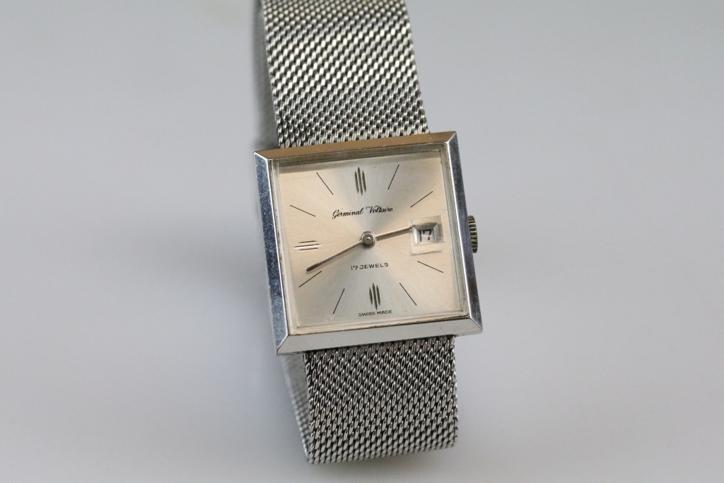 Germinal Voltaire stainless steel wristwatch, date aperture, square silvered dial, baton numeral - Image 2 of 5