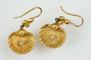 Pair of 19th century seed pearl yellow metal drop earrings, modelled as a scallop shell with