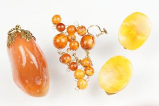Pair of amber-style 9ct yellow gold screw back drop earrings; a pair of yellow Bakelite style clip-