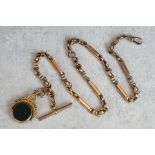 Early 20th century 9ct gold trombone fancy link Albert chain with applied 9c pad, with 9ct gold t