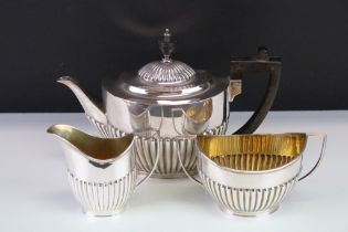 Edwardian three piece silver tea service comprising teapot, milk jug and sugar bowl, gadrooning