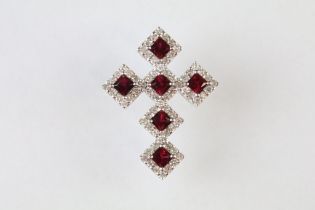 Ruby and diamond 18ct white gold cross pendant, six square mixed cut rubies, dimensions approx 2.5 x