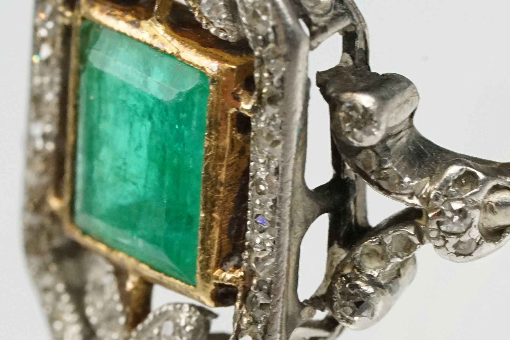 Art Deco emerald and diamond unmarked yellow gold and platinum ring, the square step cut emerald - Image 9 of 14