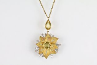 Citrine and diamond yellow and rose metal flower head pendant necklace, hexagonal mixed cut