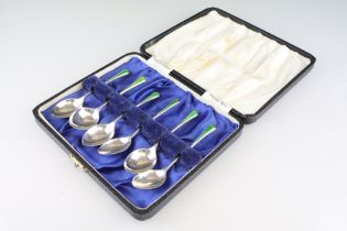 Set of mid 20th century six enamelled silver coffee spoons, green enamelling to the stems, makers