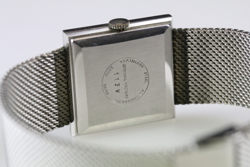 Germinal Voltaire stainless steel wristwatch, date aperture, square silvered dial, baton numeral - Image 4 of 5