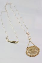 Cannetille white sapphire yellow metal pendant necklace, cannetille oval panel measuring approx 3