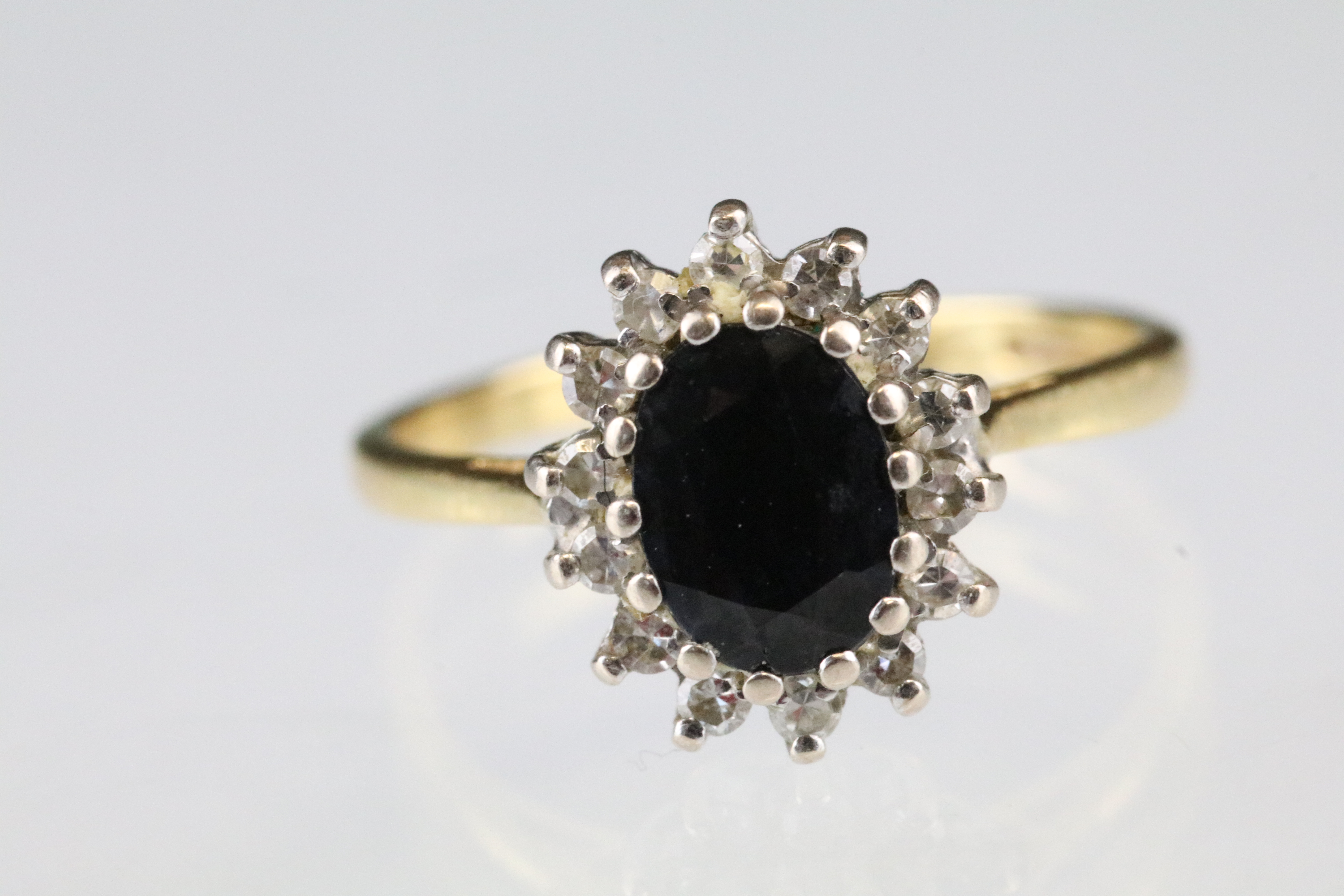 Sapphire and diamond 18ct yellow gold cluster ring, blue-black oval mixed cut sapphire, small - Image 12 of 15