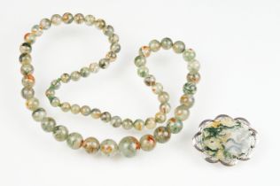 Moss agate bead necklace, sixty-two graduated moss agate beads, the largest measuring approx 17mm,