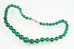 Amazonite bead necklace with 9ct gold hook and box clasp, thirty-one graduated round beads, diameter