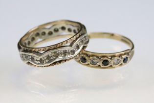 Two hallmarked 9ct gold rings to include a two tone full eternity ring set with white stones (