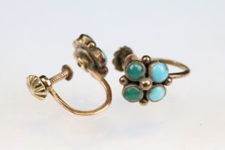 Pair of 19th century yellow metal screw back ear fittings, four small cabochon cut turquoise to each