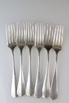 Set of six continental silver forks, each having round terminals and four prongs. Marked 800 Schmid.