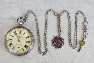 Silver open face key wind pocket watch, plain polished case, vacant cartouche, cream enamel dial and