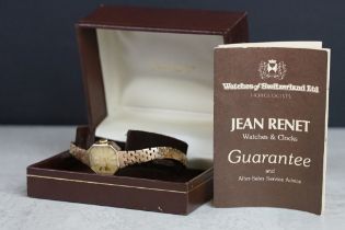 Jean Renet 9ct gold ladies wristwatch, gold-coloured octagonal dial, baton numeral makers and pencil