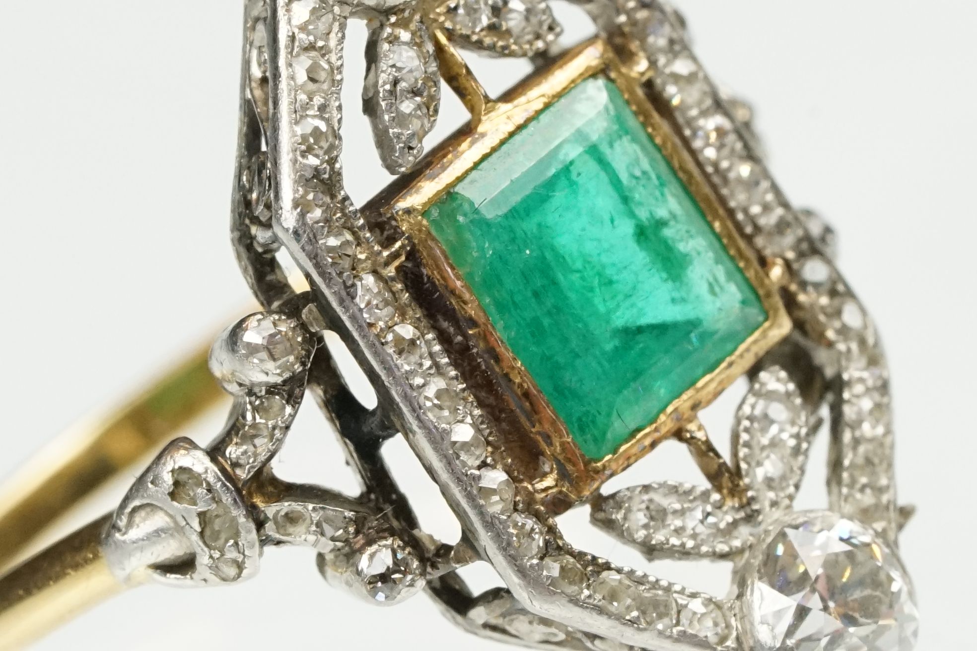 Art Deco emerald and diamond unmarked yellow gold and platinum ring, the square step cut emerald - Image 8 of 14