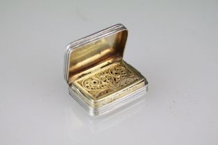 George III silver vinaigrette, ribbed design, pierced grille, scroll decoration, gilt lined