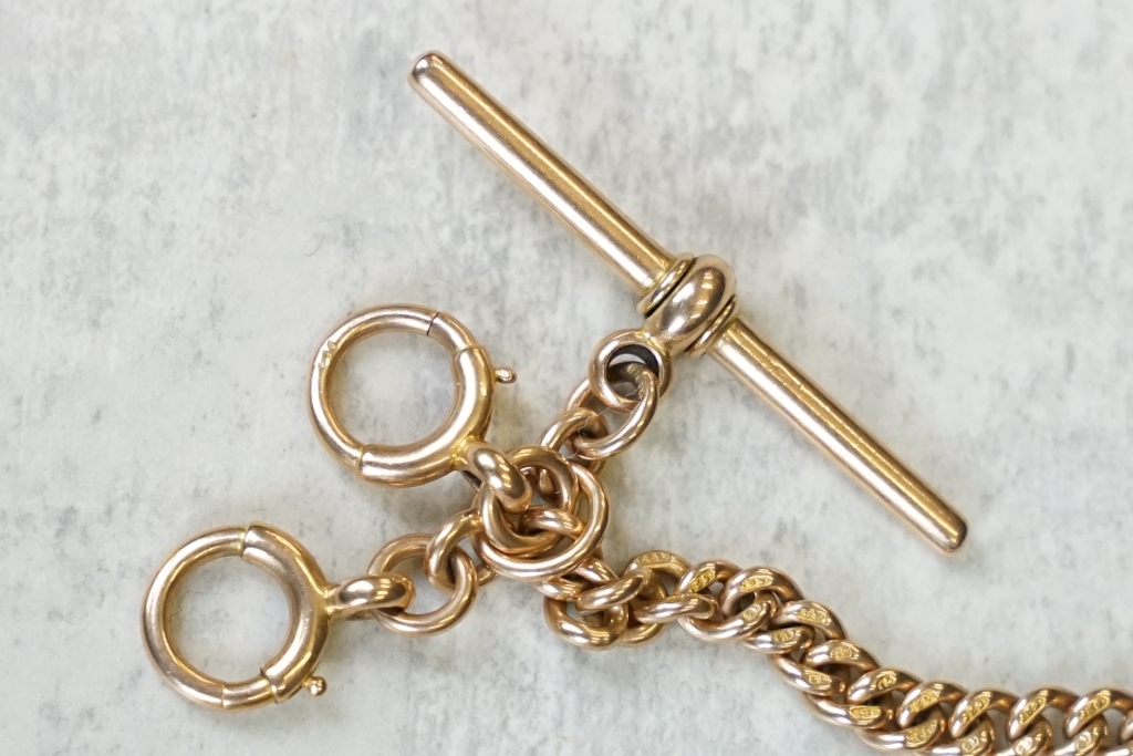 15ct rose gold curb link watch chain with t bar , each link hallmarked, dog clip, and two bolt - Image 4 of 4