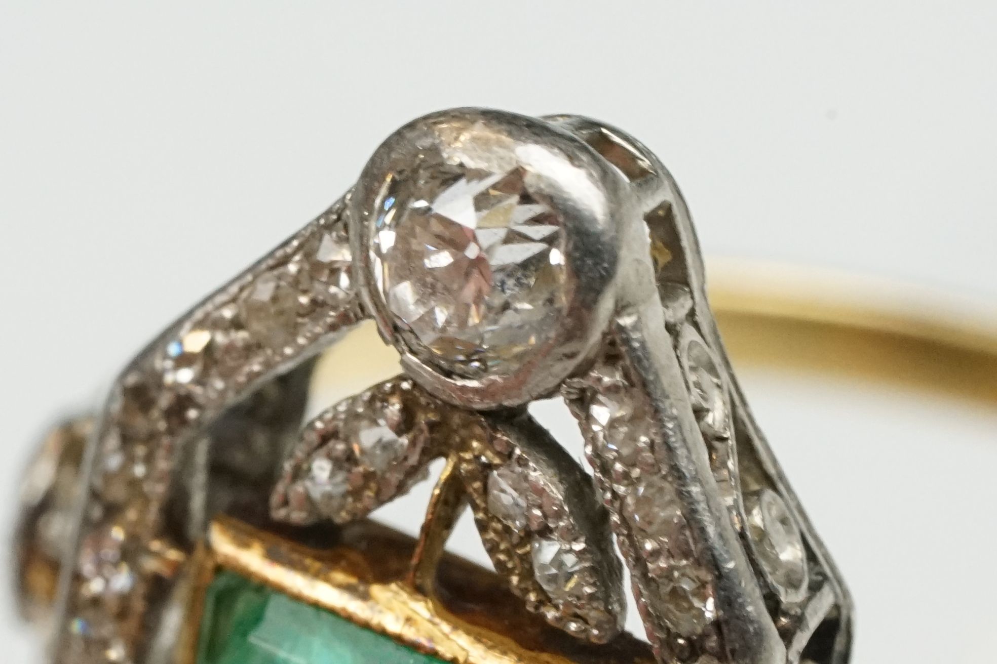 Art Deco emerald and diamond unmarked yellow gold and platinum ring, the square step cut emerald - Image 12 of 14