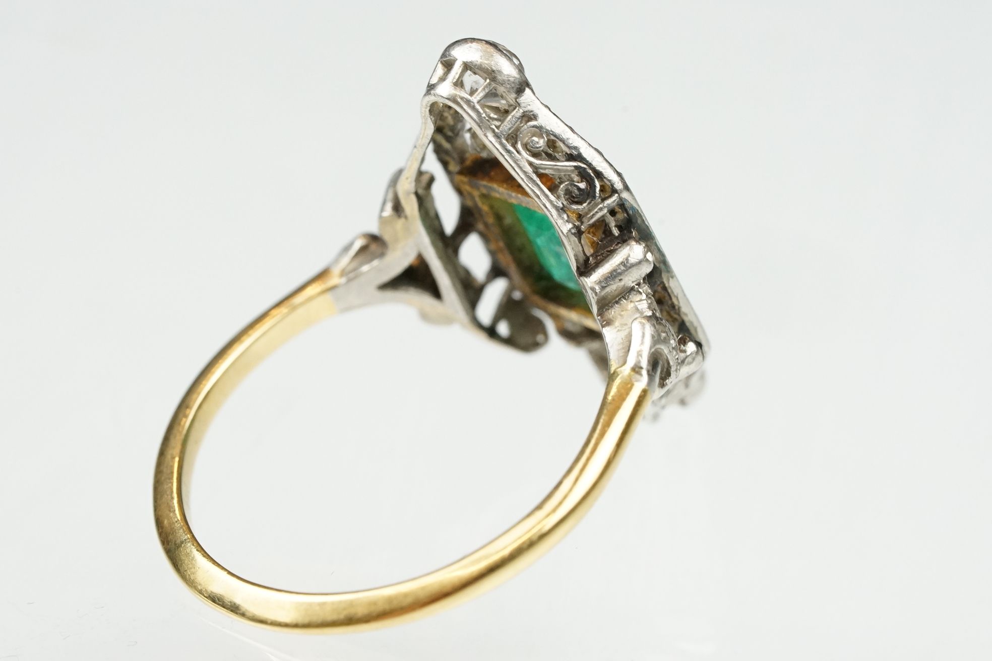Art Deco emerald and diamond unmarked yellow gold and platinum ring, the square step cut emerald - Image 13 of 14