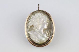 Mother-of-pearl 9ct yellow gold cameo brooch, female profile facing right, rubover set with fine