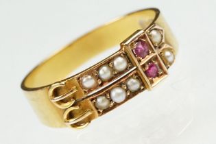 Late 19th century pearl and ruby 15ct yellow gold buckle ring, two rows each set with five seed