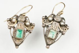 Pair of 19th century Indian foiled gemstone and pearl white metal and yellow metal set drop