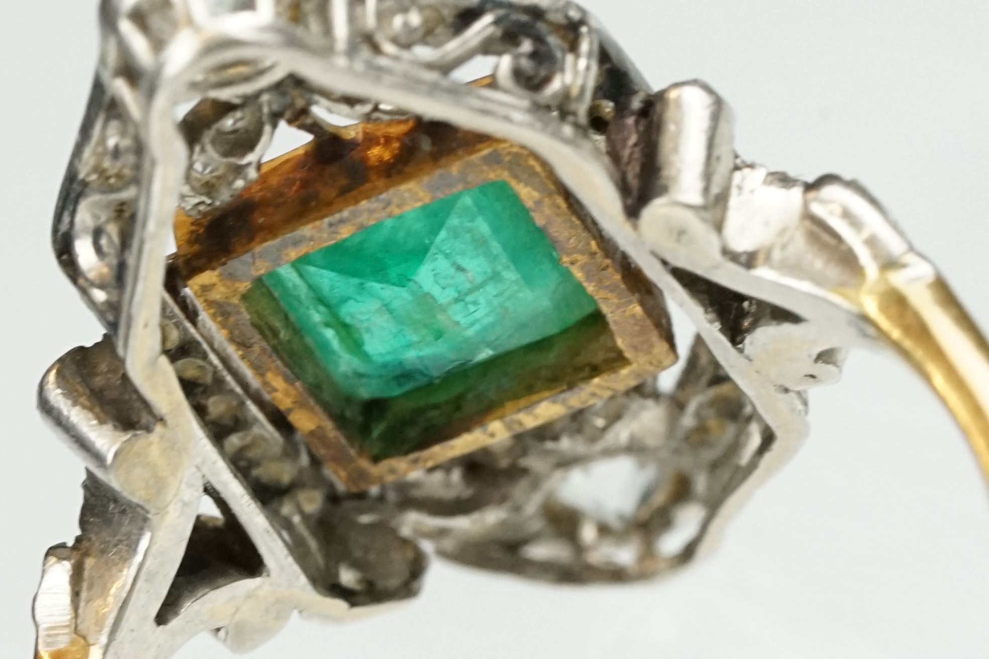 Art Deco emerald and diamond unmarked yellow gold and platinum ring, the square step cut emerald - Image 14 of 14